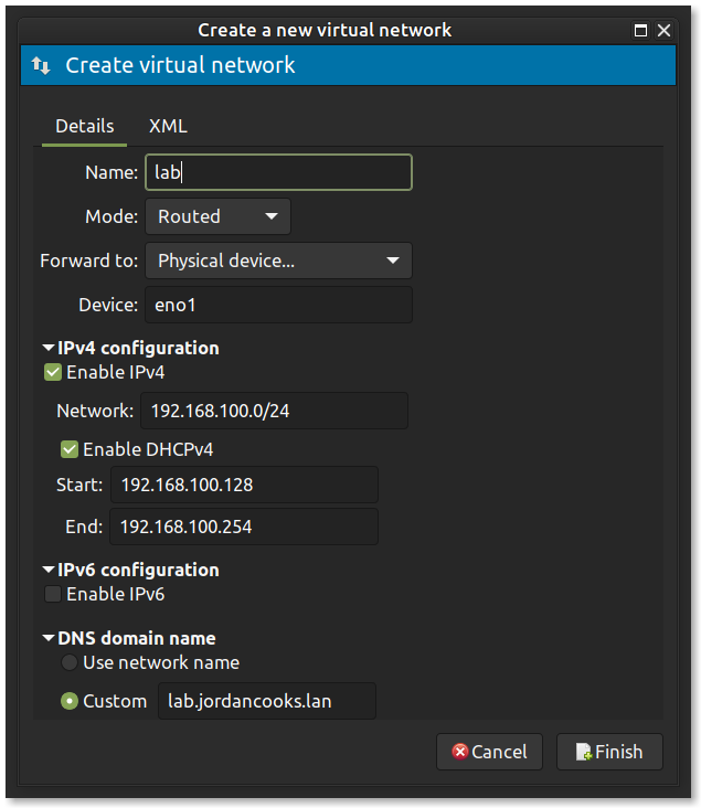 Screenshot of the virt-manager tool's Create New Network wizard